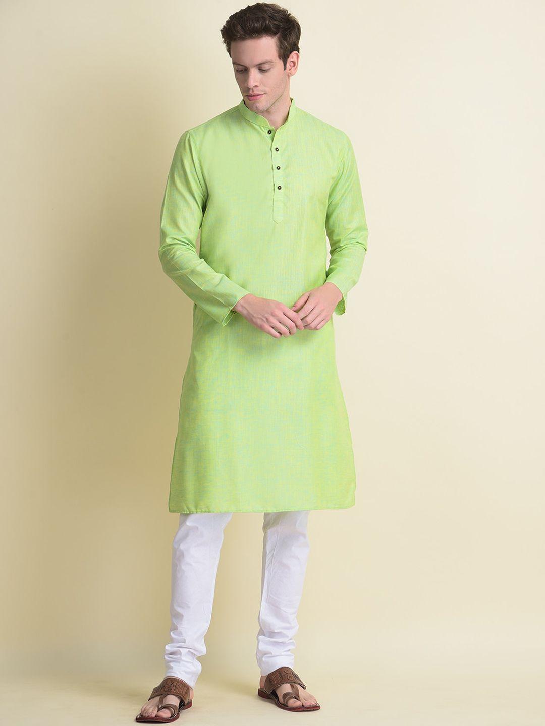 namaskar men green solid cotton linen kurta