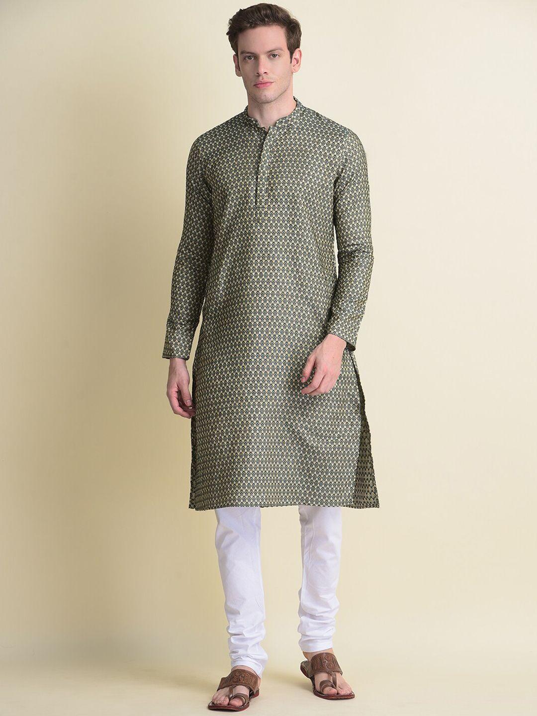 namaskar men green cotton self design kurta