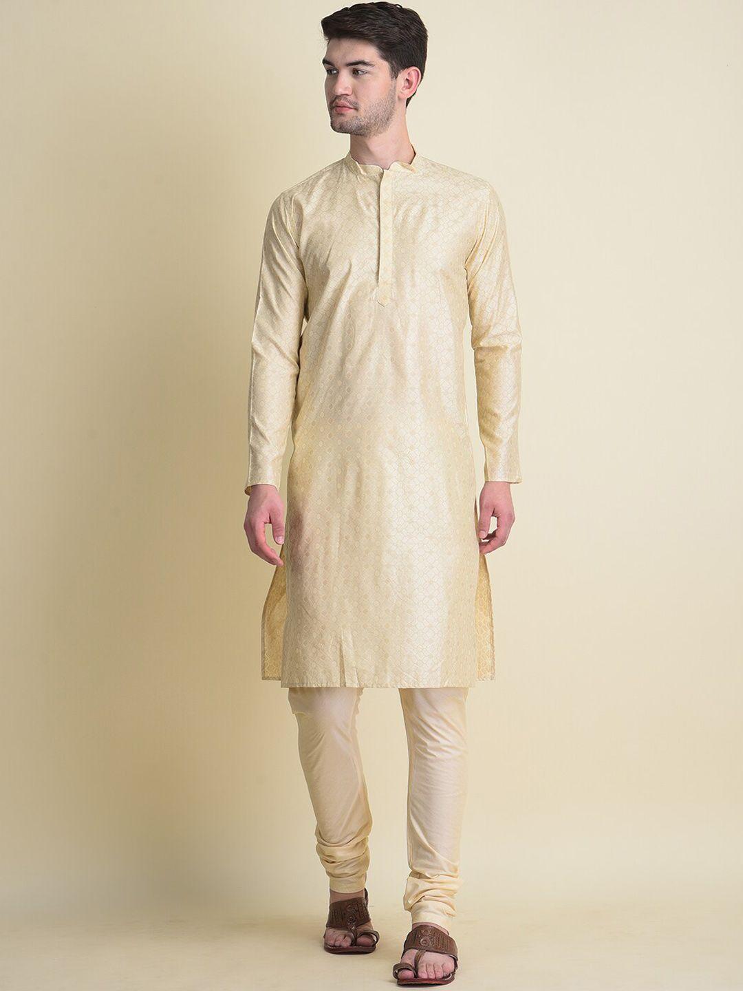 namaskar men cream-coloured geometric thread work kurta