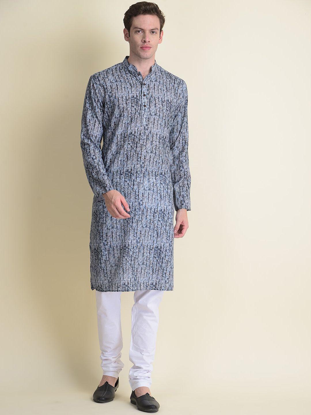 namaskar men navy blue cotton printed kurta