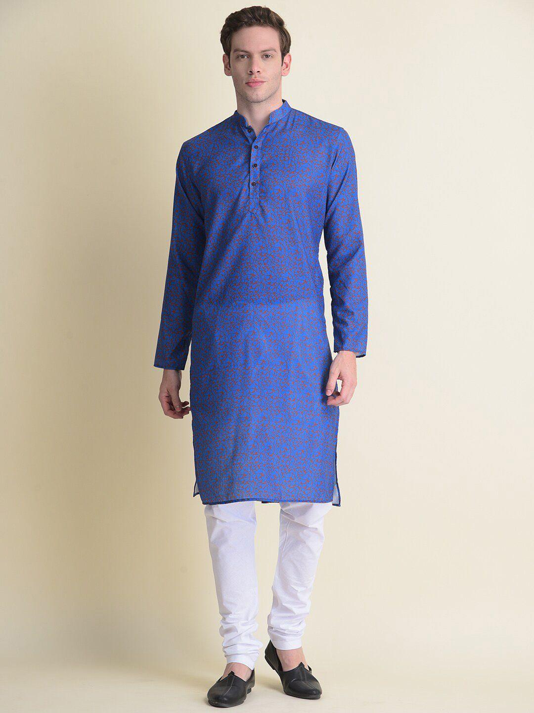 namaskar men blue cotton printed kurta