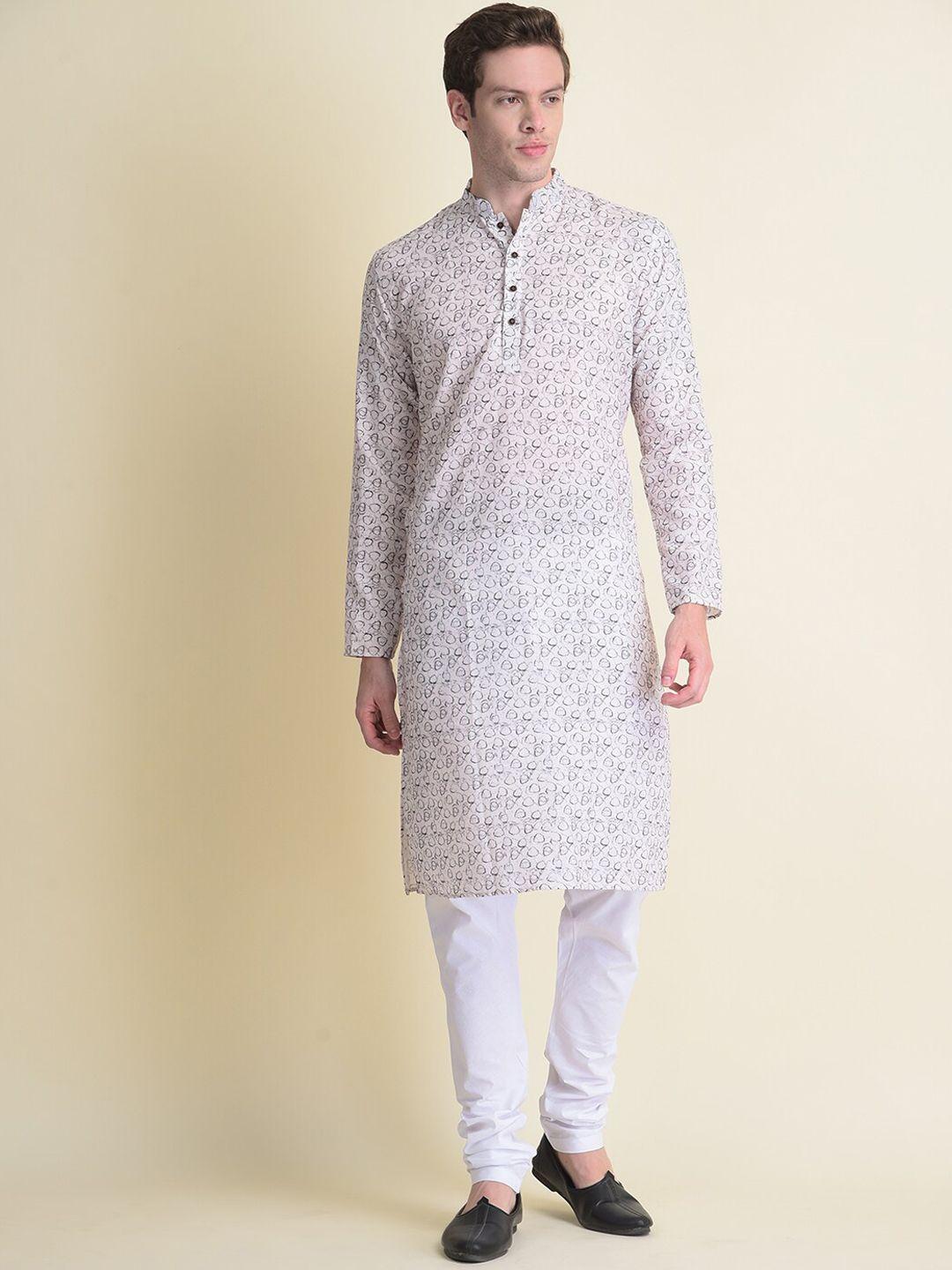 namaskar men white geometric thread work kurta