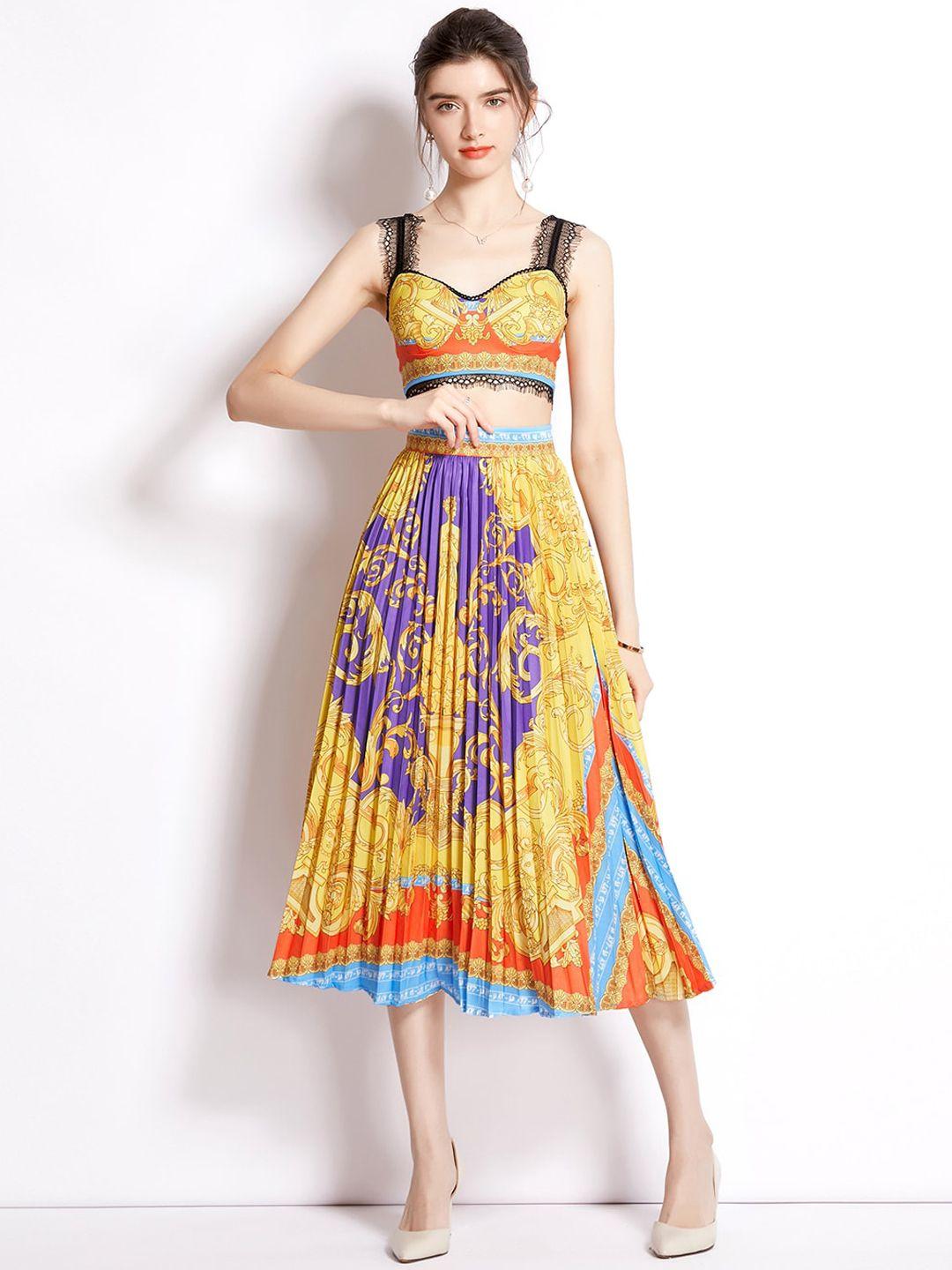 jc collection women orange & yellow floral print top & skirt co-ords