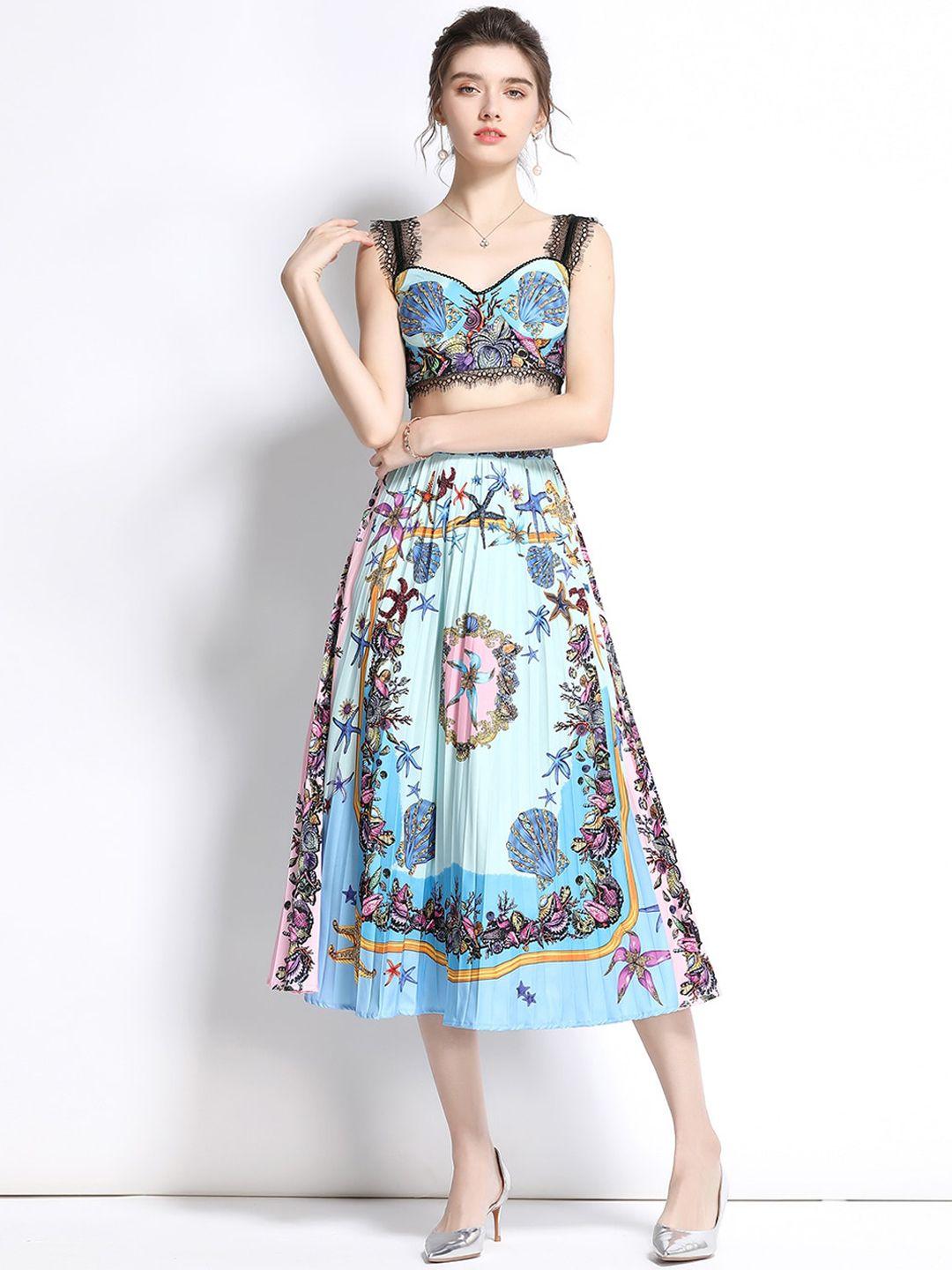 jc collection women blue & black printed top with skirt