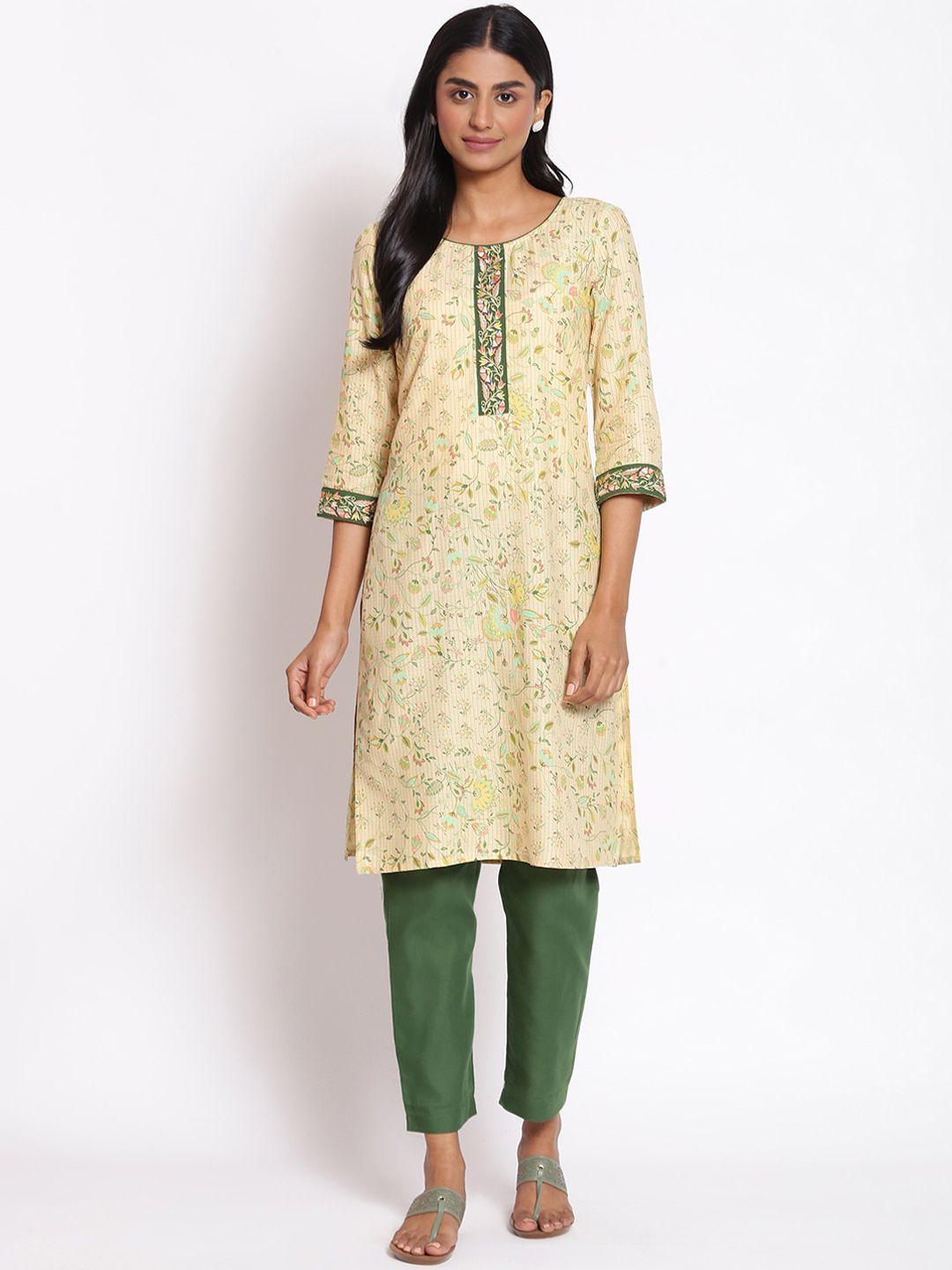 aurelia women cream-coloured floral printed kurta with trousers