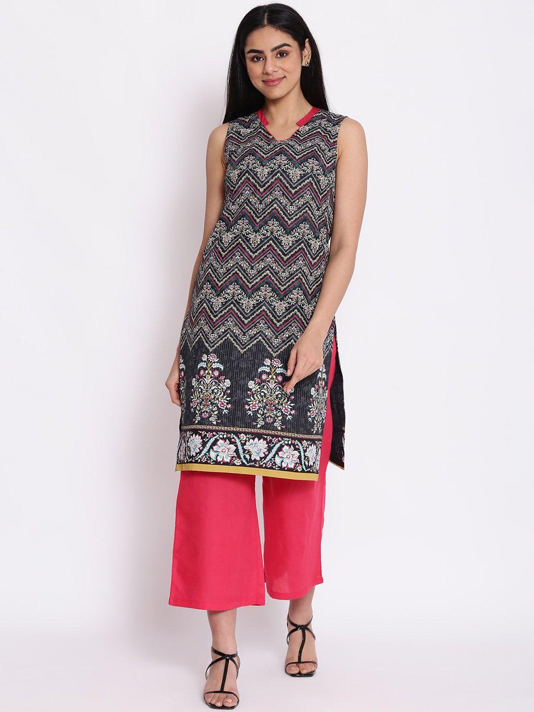 aurelia women black ethnic motifs printed kurta with palazzos