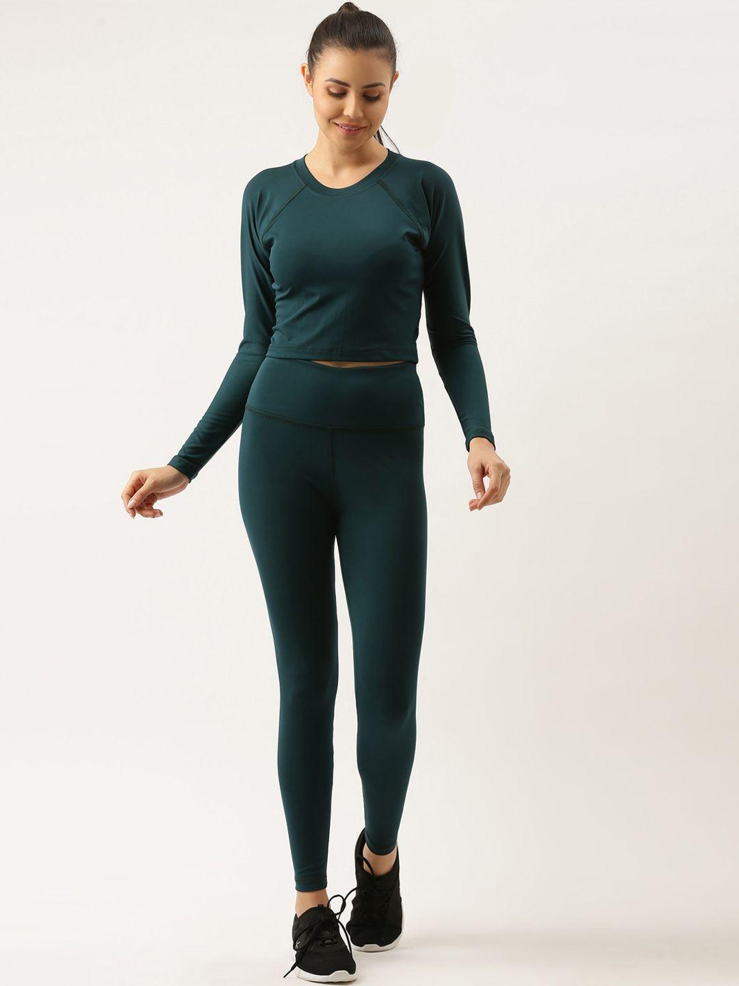 bannos swagger women teal-green solid  crop top & tights set