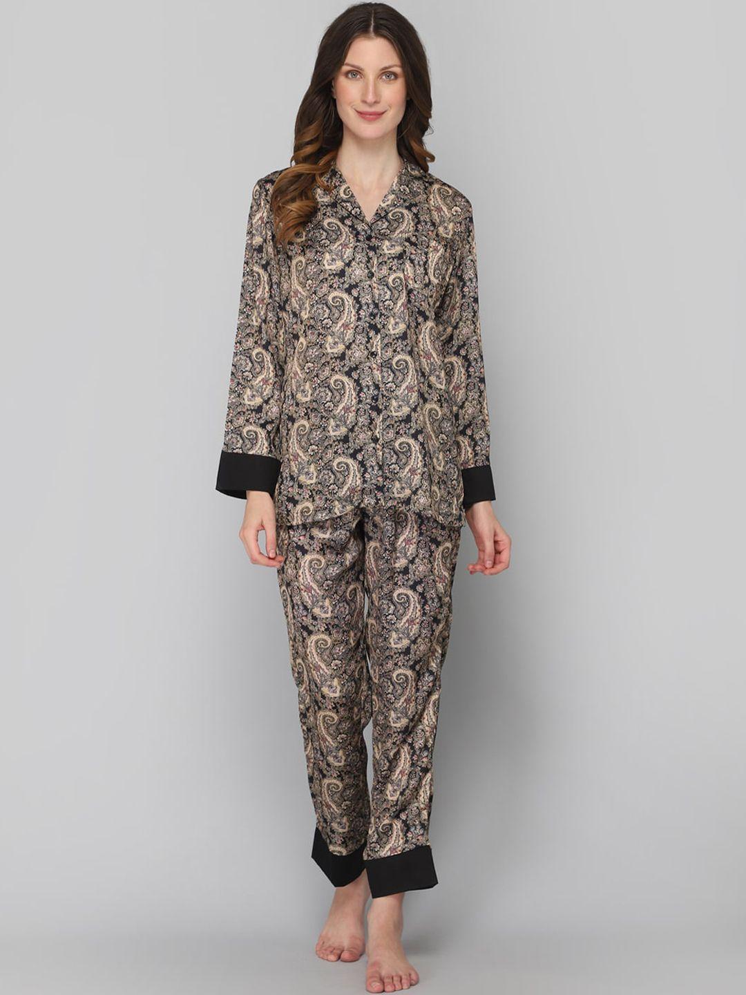 drape in vogue women black & brown printed night suit