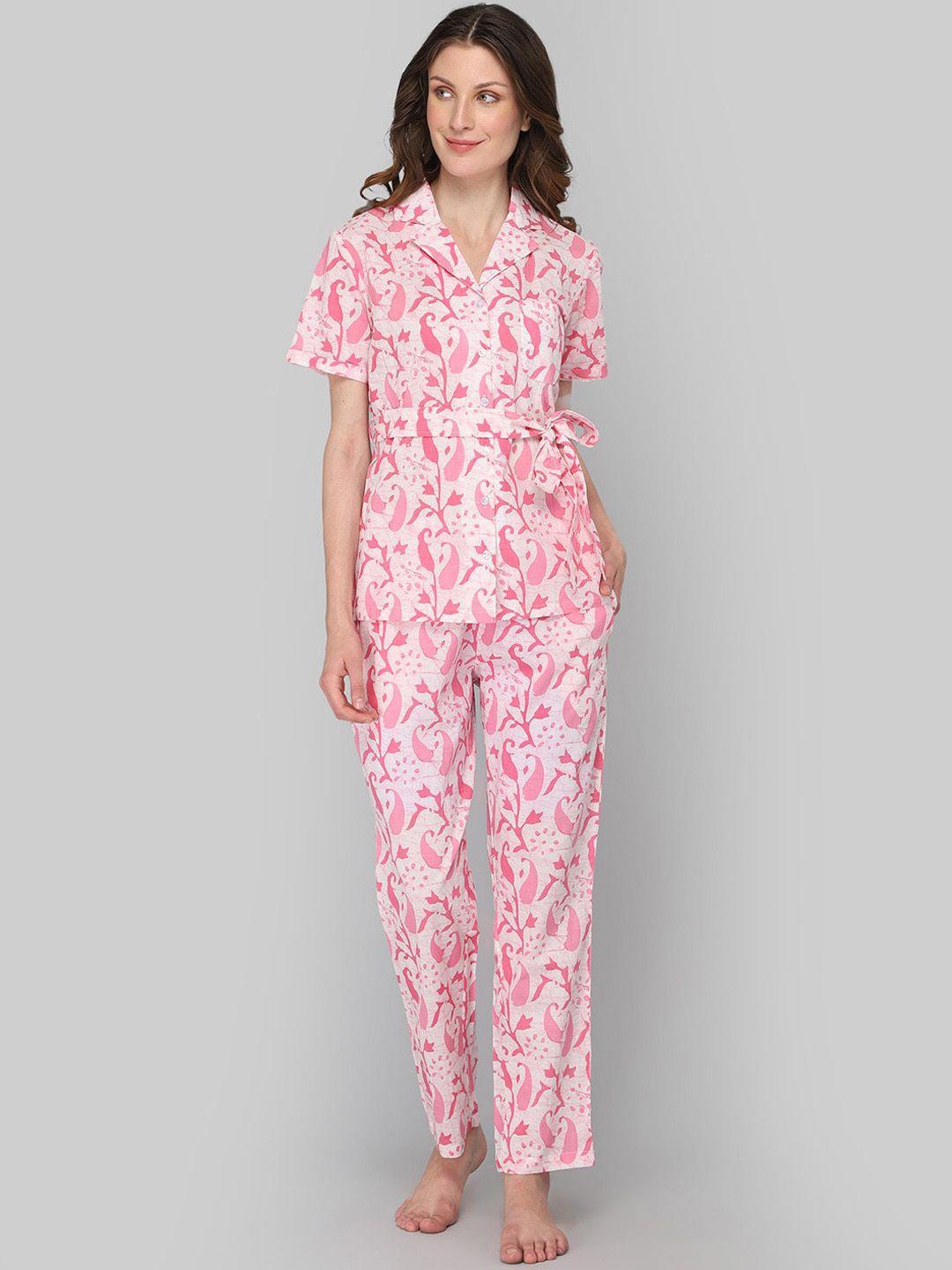 drape in vogue women pink & white floral printed night suit