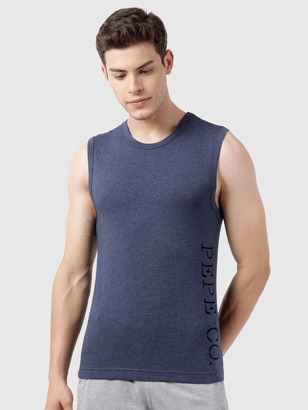 pepe jeans men blue solid cotton innerwear gym vests