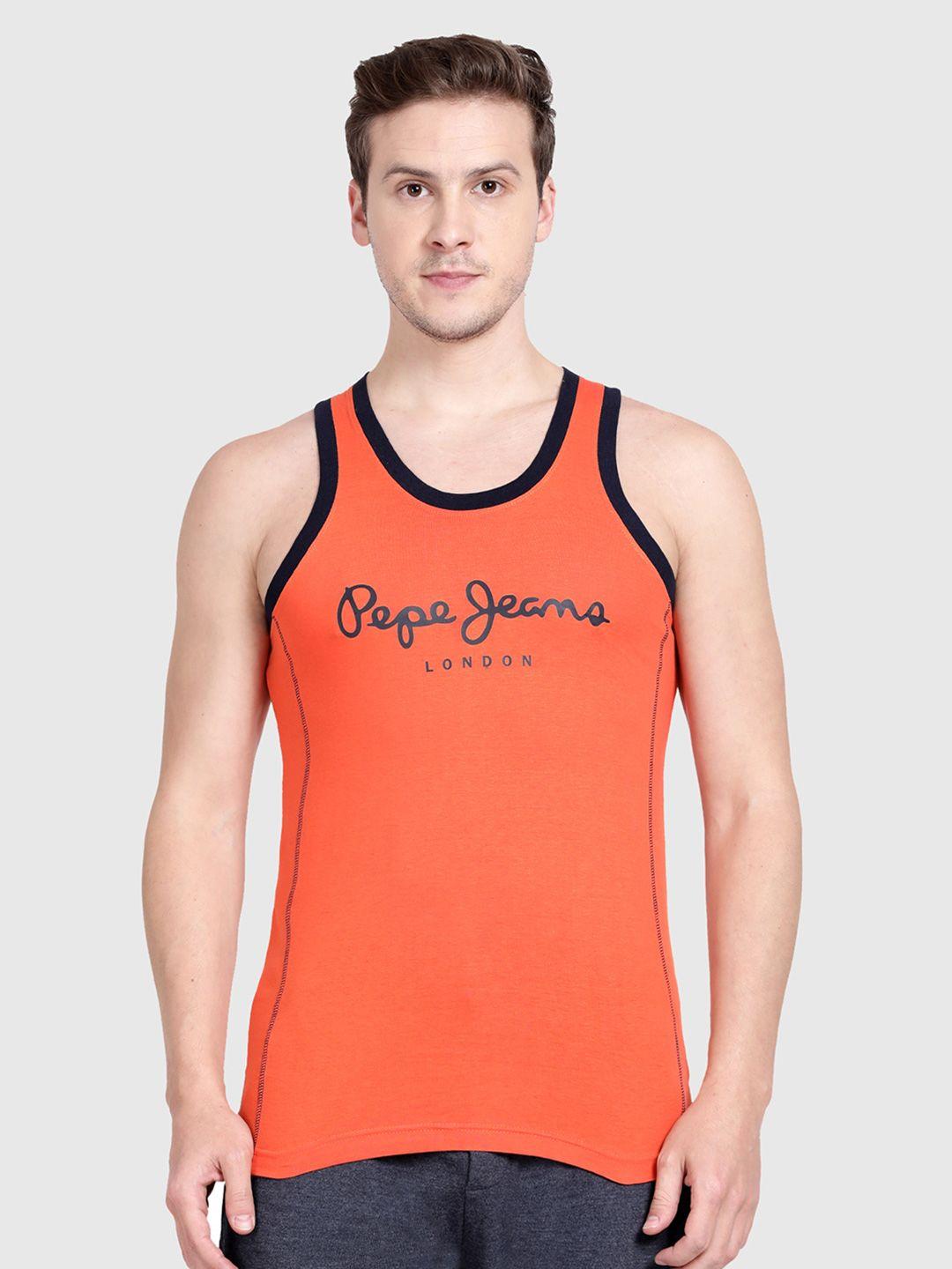 pepe jeans men orange solid pure cotton innerwear vests