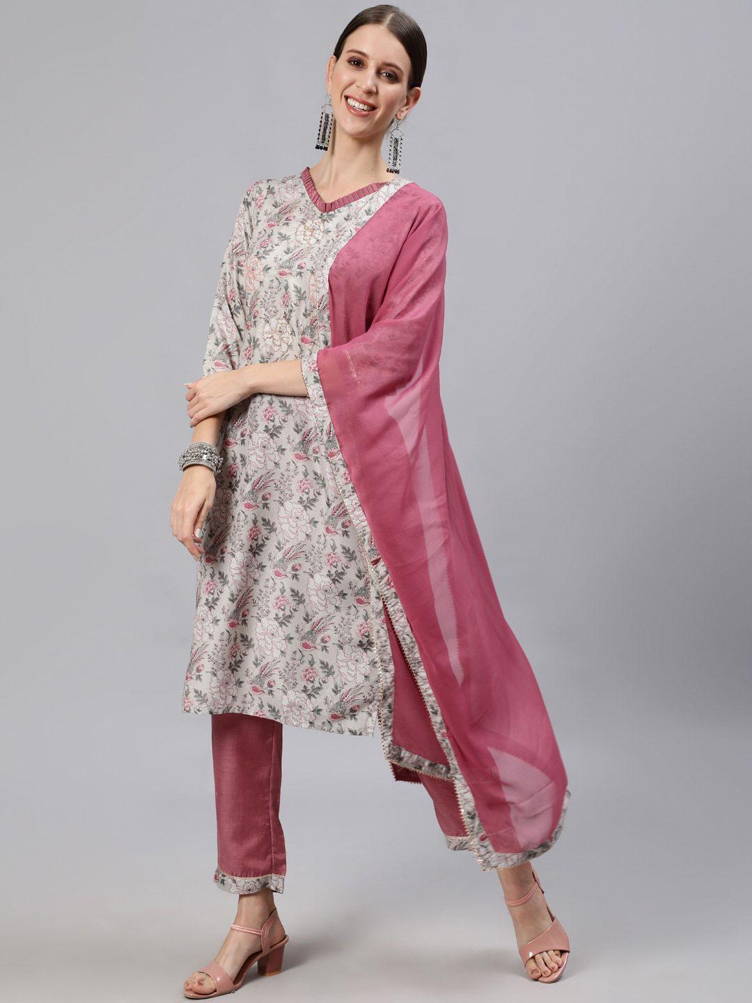 ishin women beige floral embroidered kurta with trousers & with dupatta