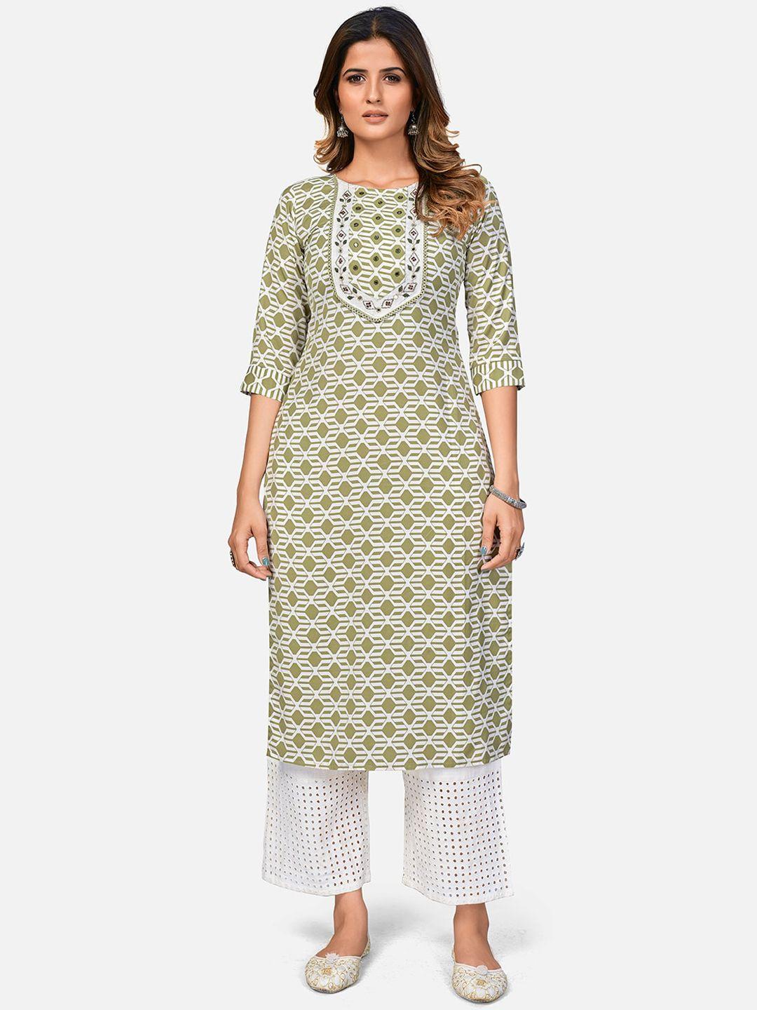 vbuyz women green ethnic motifs printed flared sleeves mirror work kurta