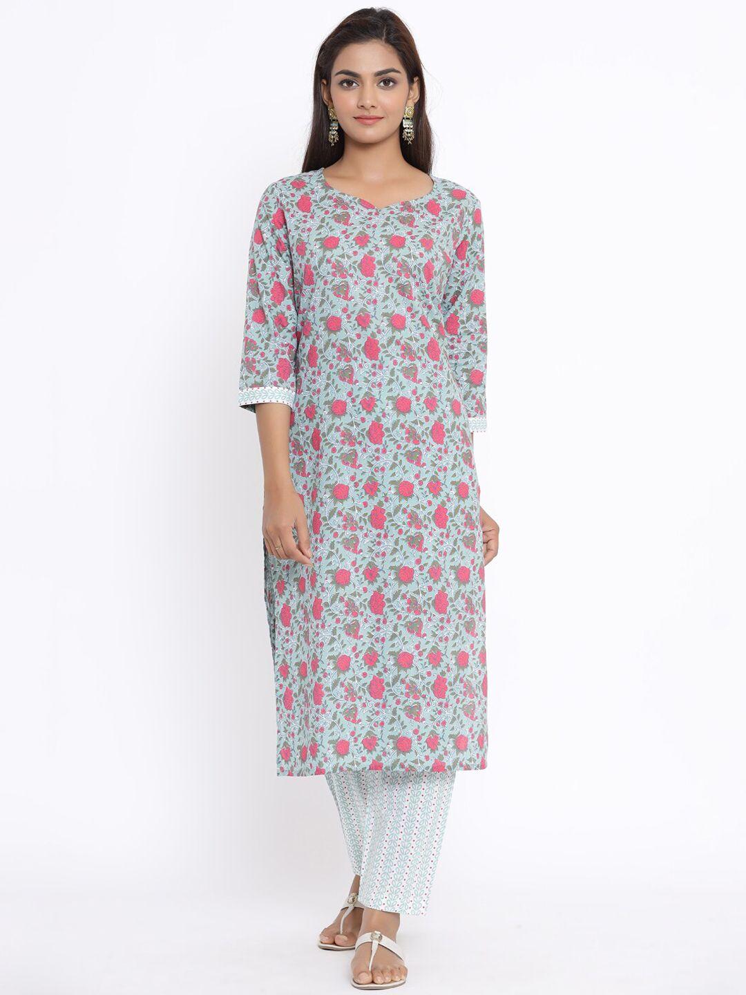 miravan women green floral printed pure cotton kurta with palazzos