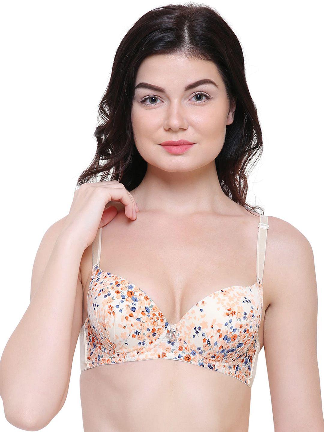 friskers beige & blue floral bra underwired heavily padded