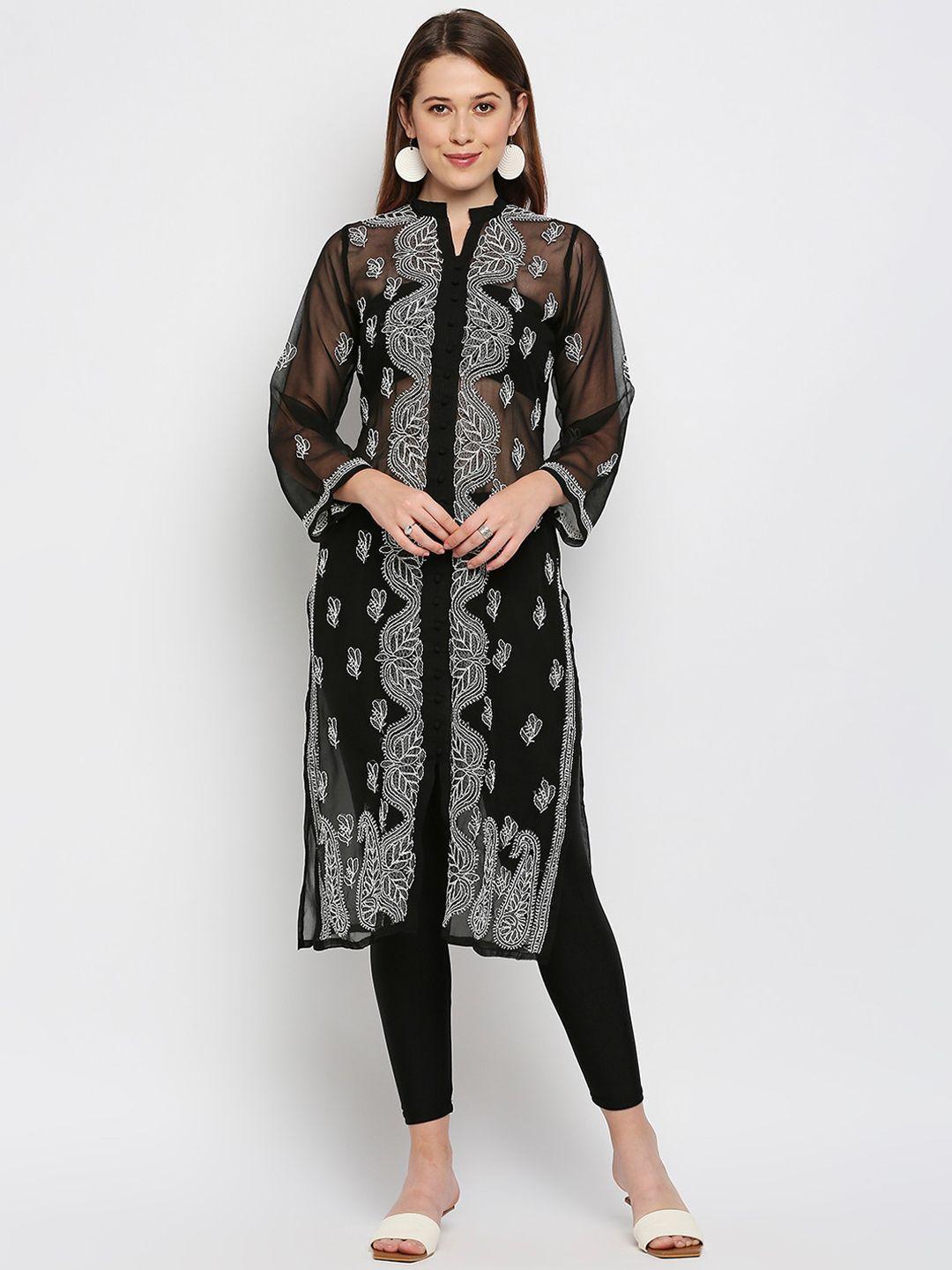 indiankala4u women black ethnic motifs embroidered chikankari georgette kurta