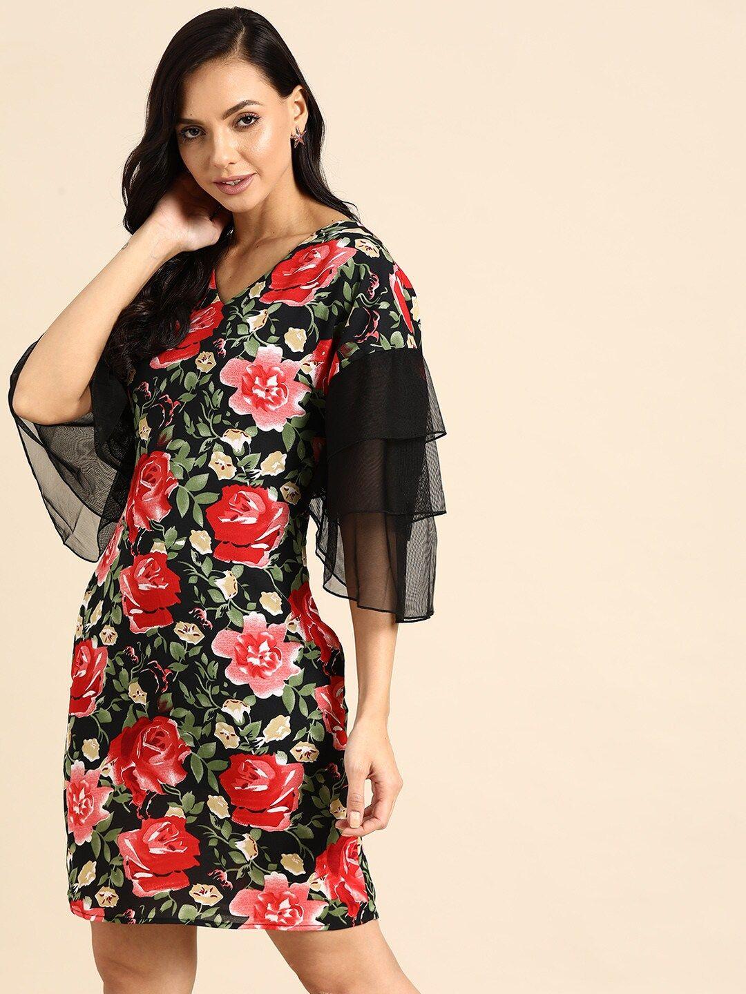 dodo & moa women black & red floral crepe sheath dress