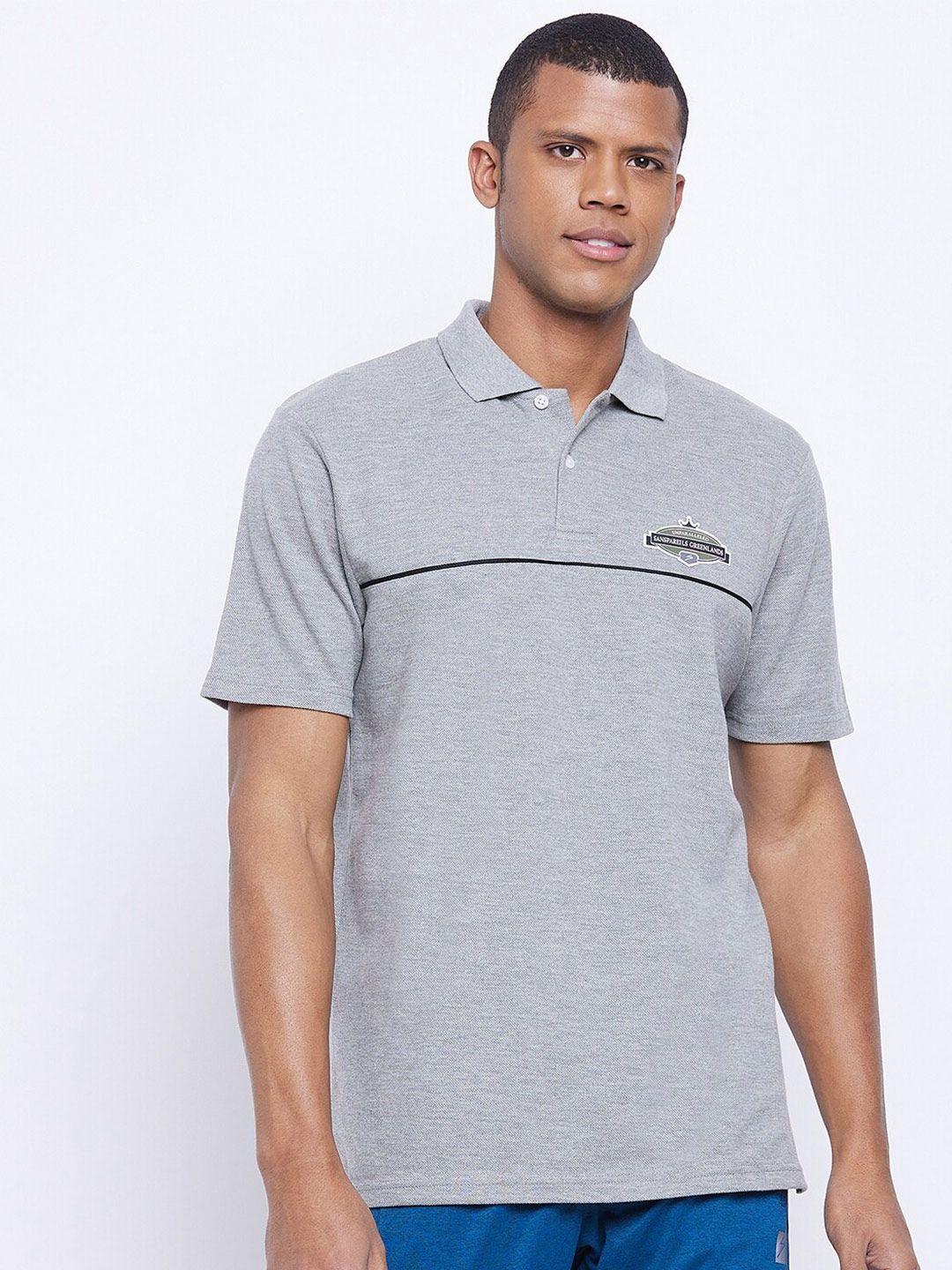 unpar men grey melange & black striped polo collar t-shirt