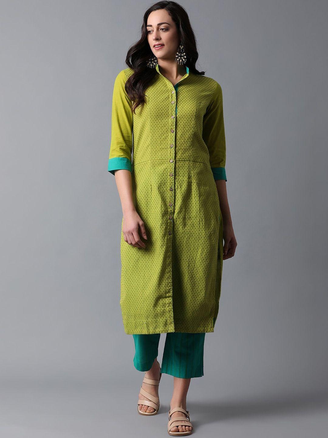 indian dobby women lime green front open geometric handloom kurta