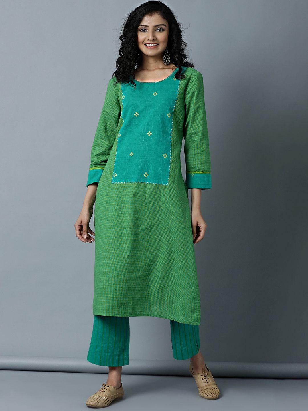 indian dobby women teal & green checked yoke designed kurta