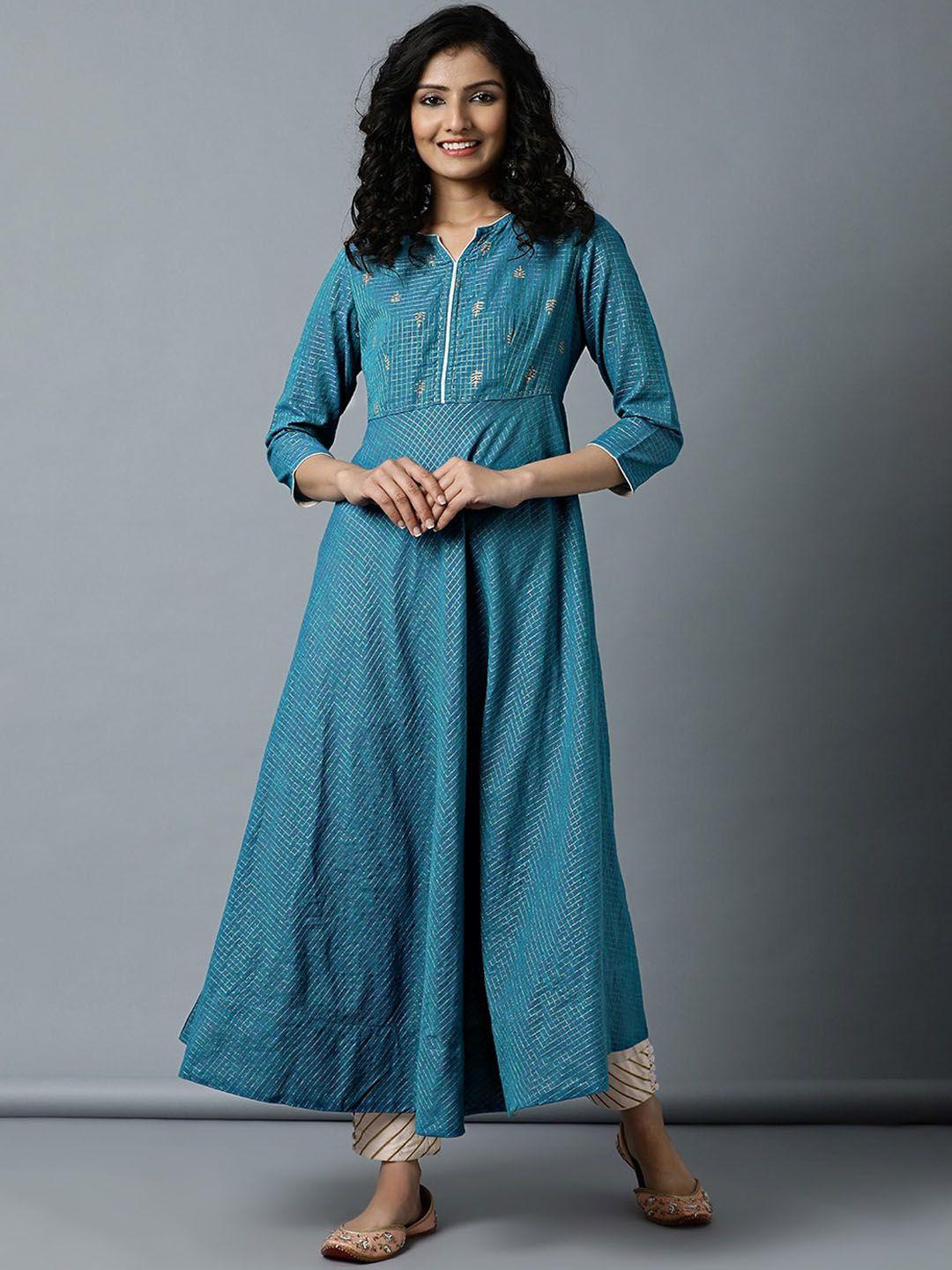 indian dobby women teal blue checked dobby anarkali kurta