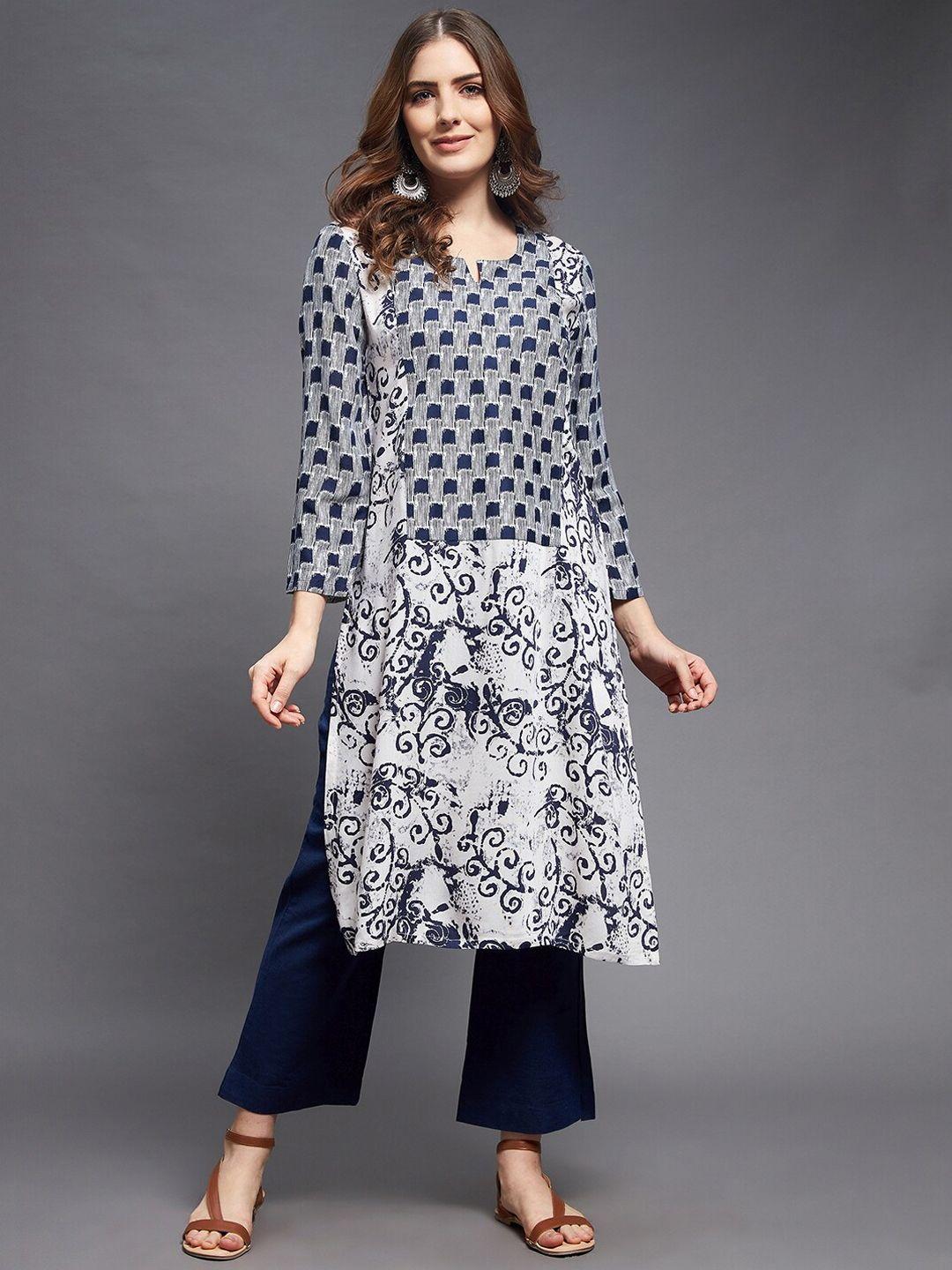 indian dobby women navy blue & grey geometric printed flared sleeves kurta