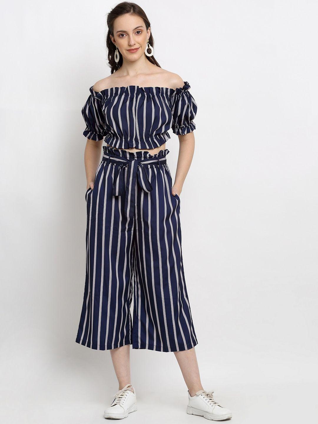 dressberry women navy blue & white striped co-ords