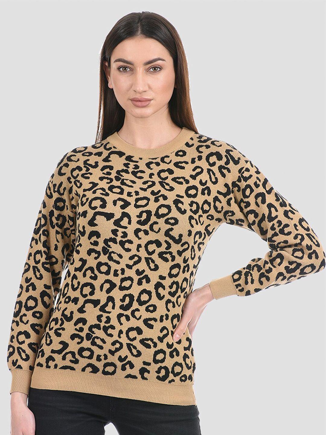 portobello women beige & black animal printed pullover