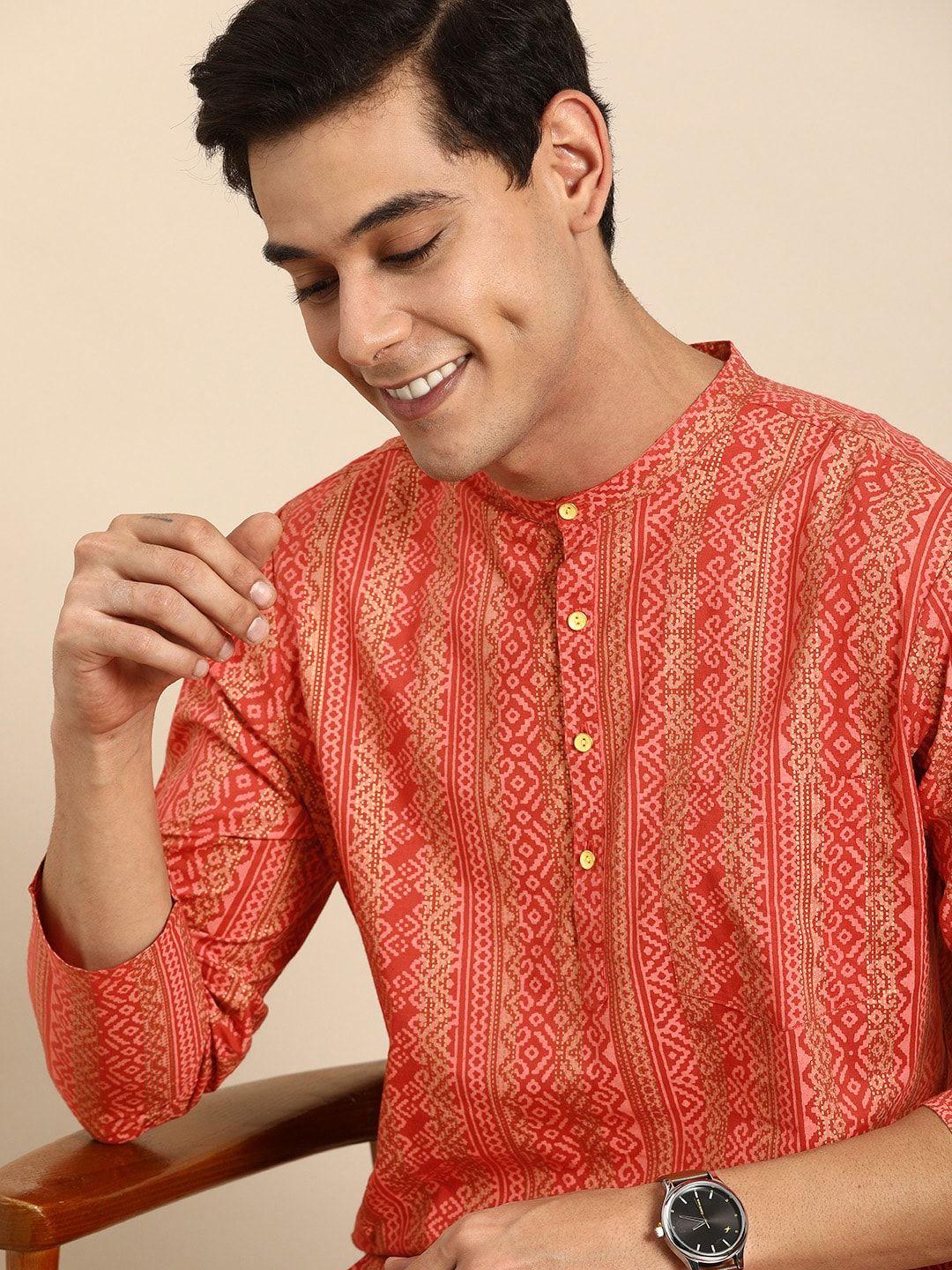 anouk men orange & gold-toned ethnic motifs printed pure cotton kurta