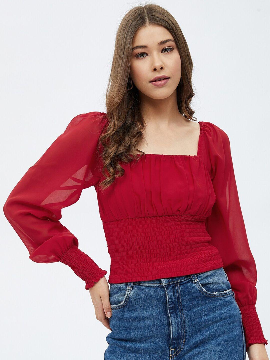 harpa women red  cinched waist smocked georgette crop top