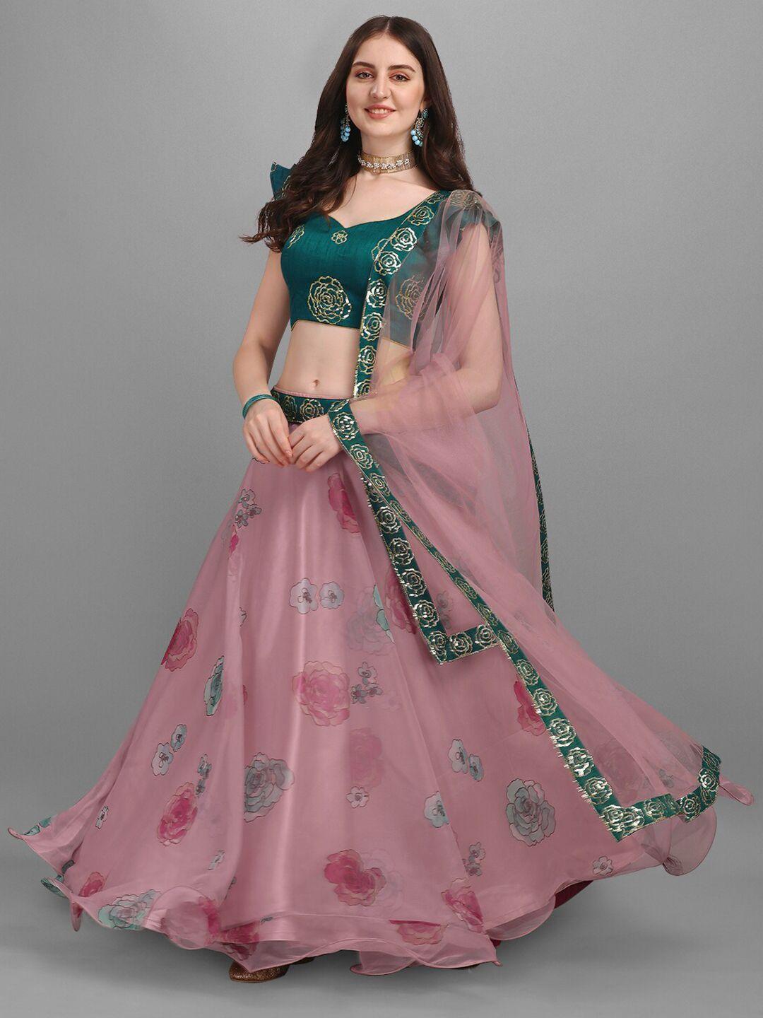 yoyo fashion pink & red printed semi-stitched lehenga & unstitched blouse with dupatta