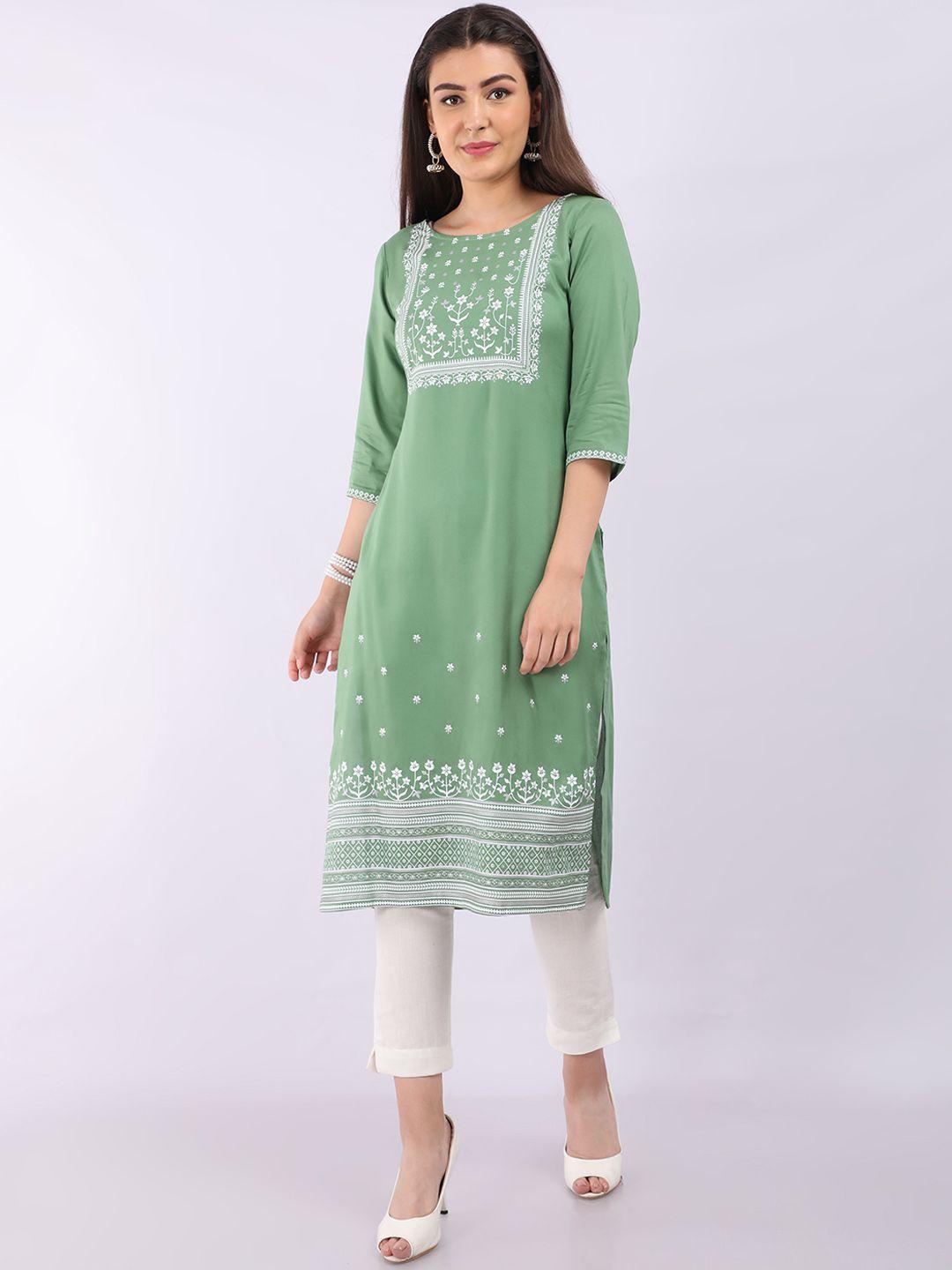 marcia women green & white ethnic motifs printed kurta