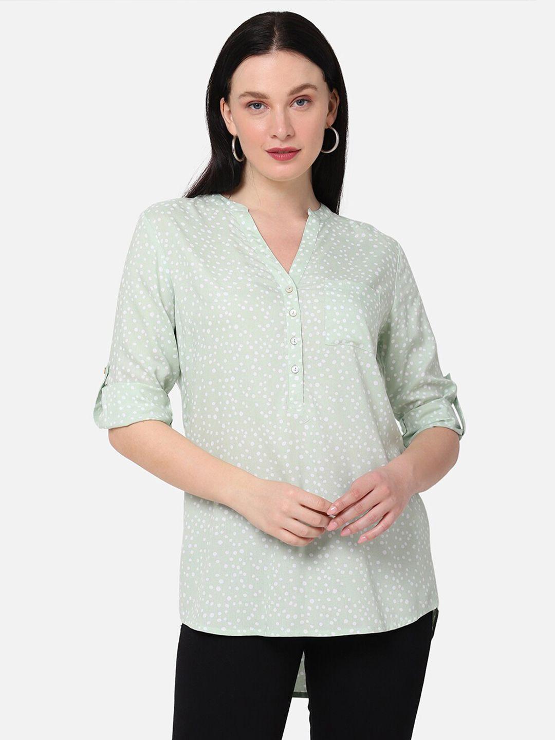 r&b green polka dots print roll-up sleeves shirt style top