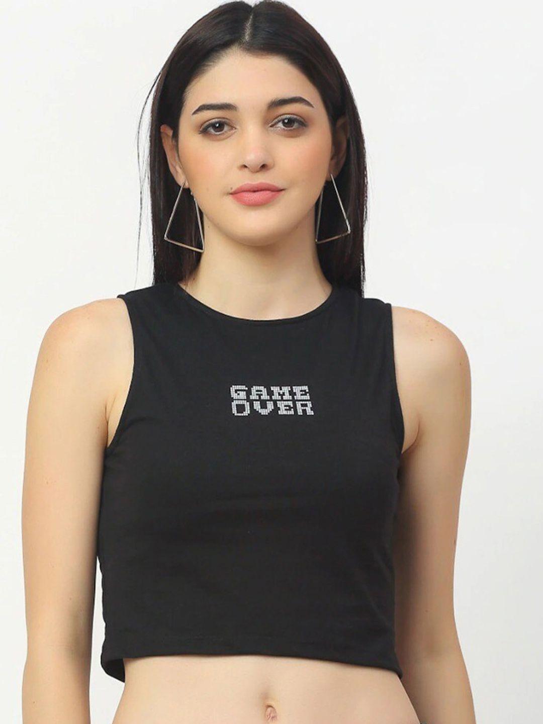 rigo black typography round neck pure cotton fitted crop top