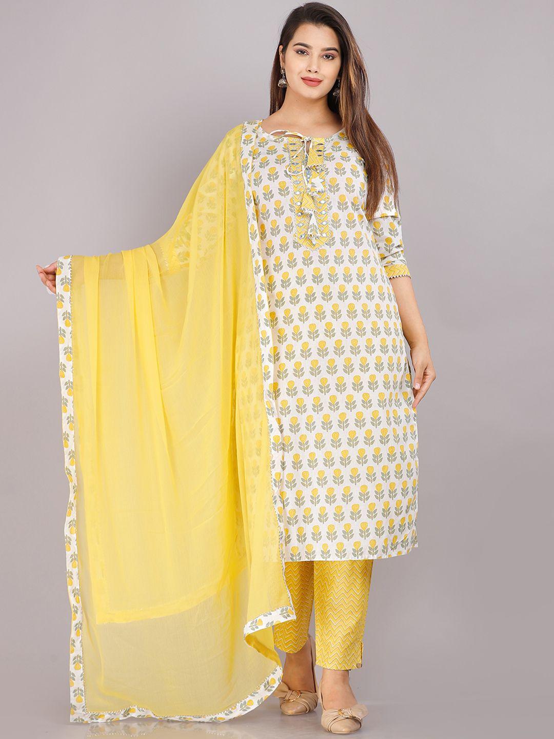 kalini women yellow ethnic motifs printed pure cotton kurta with trousers & with dupatta