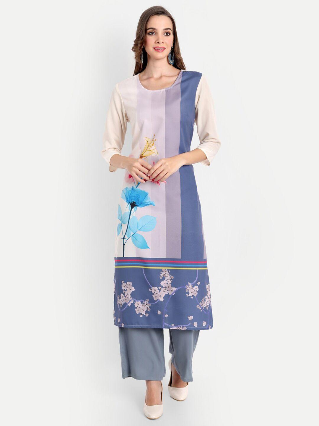 soan women cream-coloured & blue floral printed crepe kurta