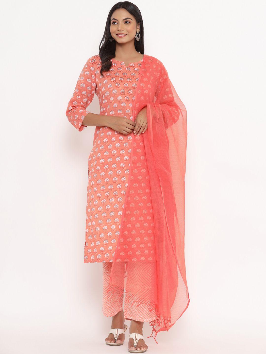 do dhaage women peach-coloured printed pure cotton kurta with trousers & with dupatta