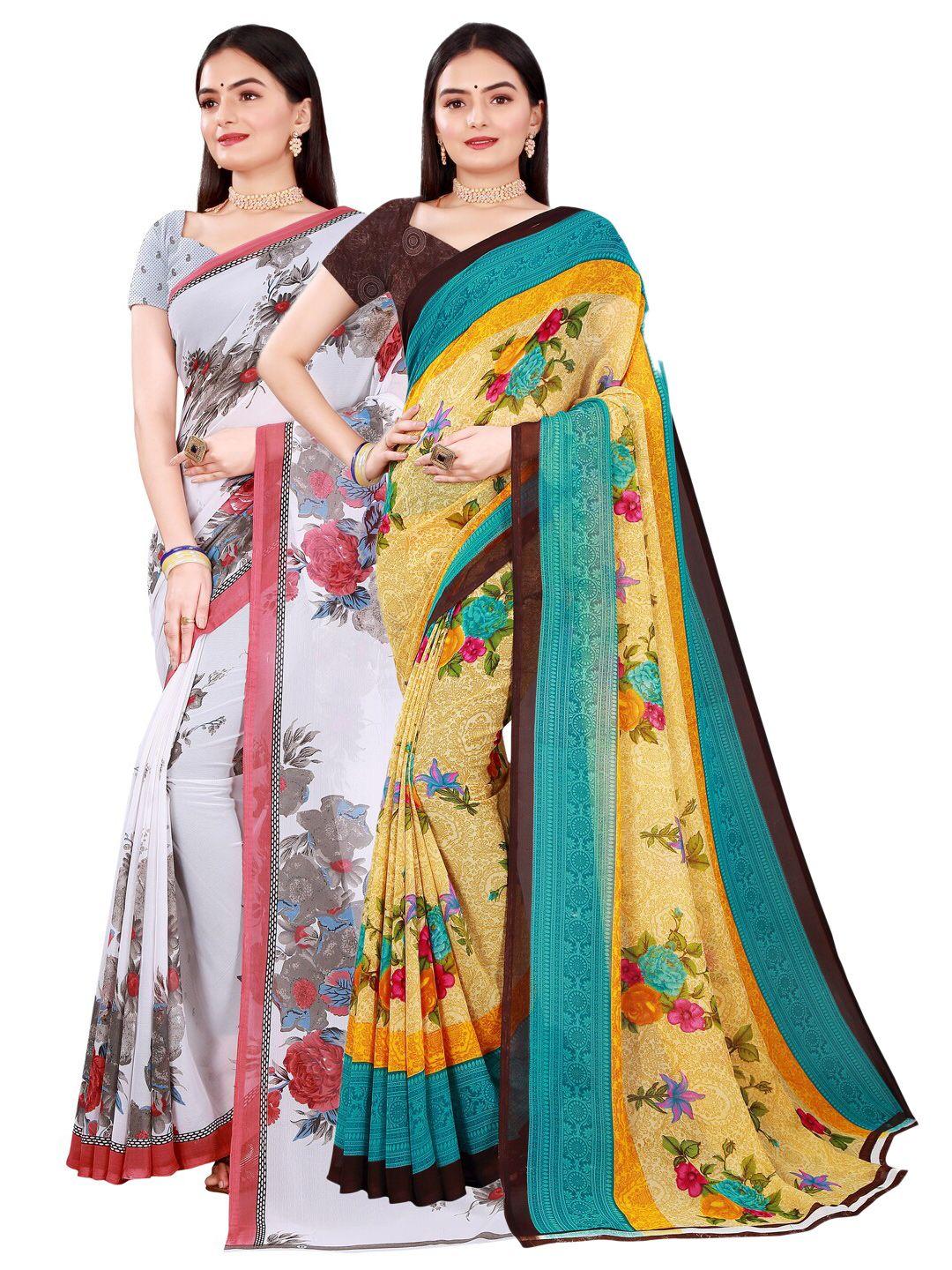 saadhvi pack of 2 white & beige floral pure georgette saree