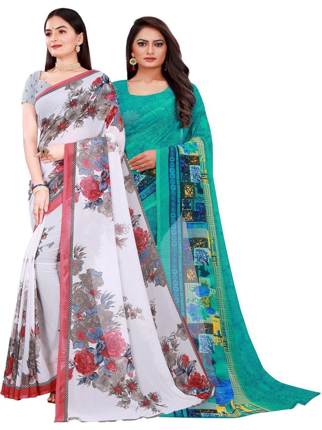 saadhvi set of 2 teal green & white floral pure georgette saree