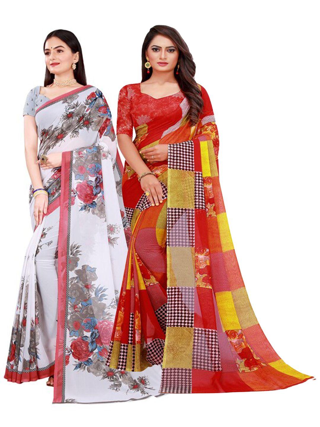 saadhvi women pack of 2white & red floral pure georgette saree