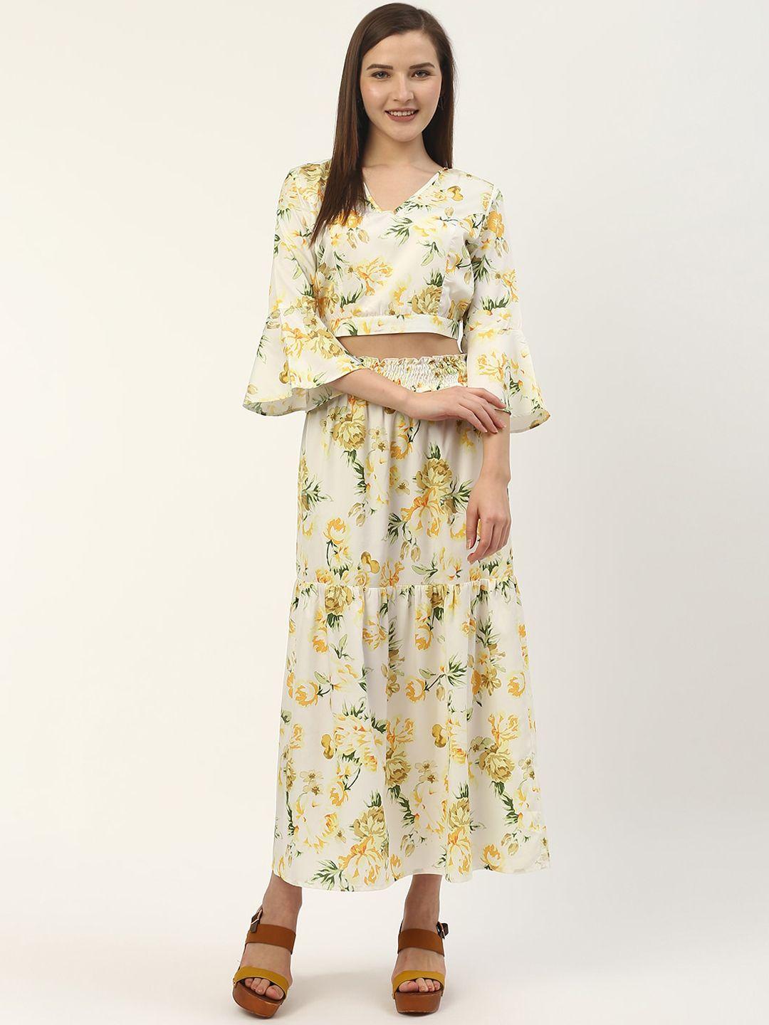 dressberry women off white & yellow printed top with skirt