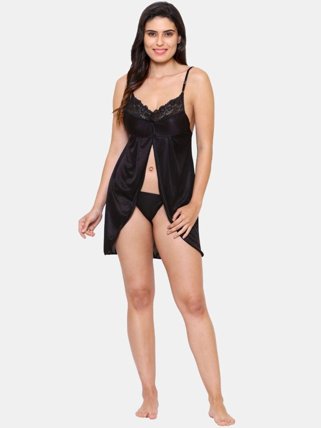 klamotten women black solid satin baby doll