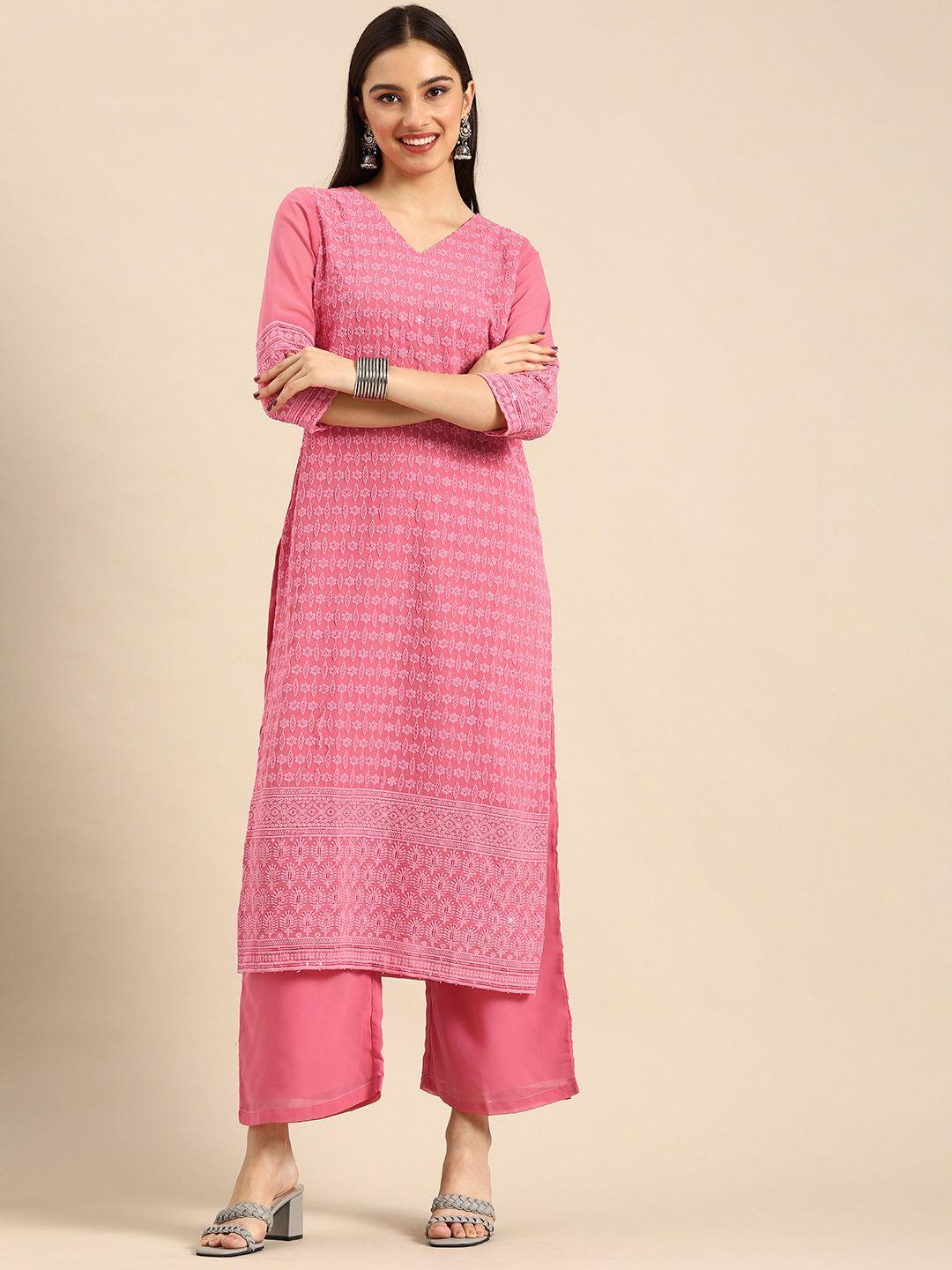 anouk women pink ethnic motifs embroidered kurta with palazzos