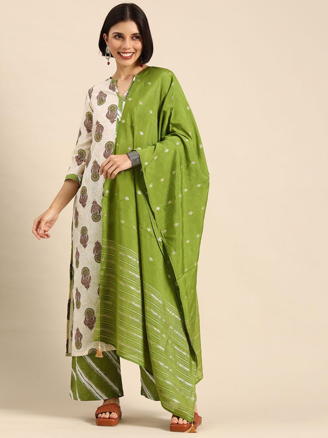 anouk women off white ethnic motifs printed kurta with palazzos & dupatta