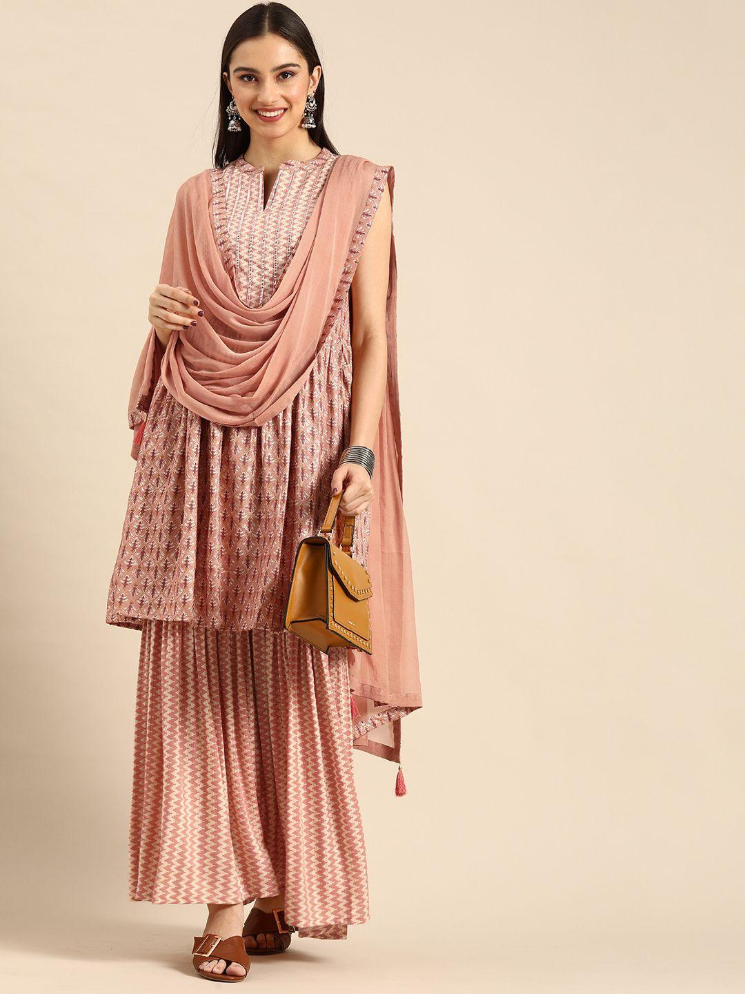 anouk women peach-coloured ethnic motifs printed gotta patti kurta with sharara & dupatta