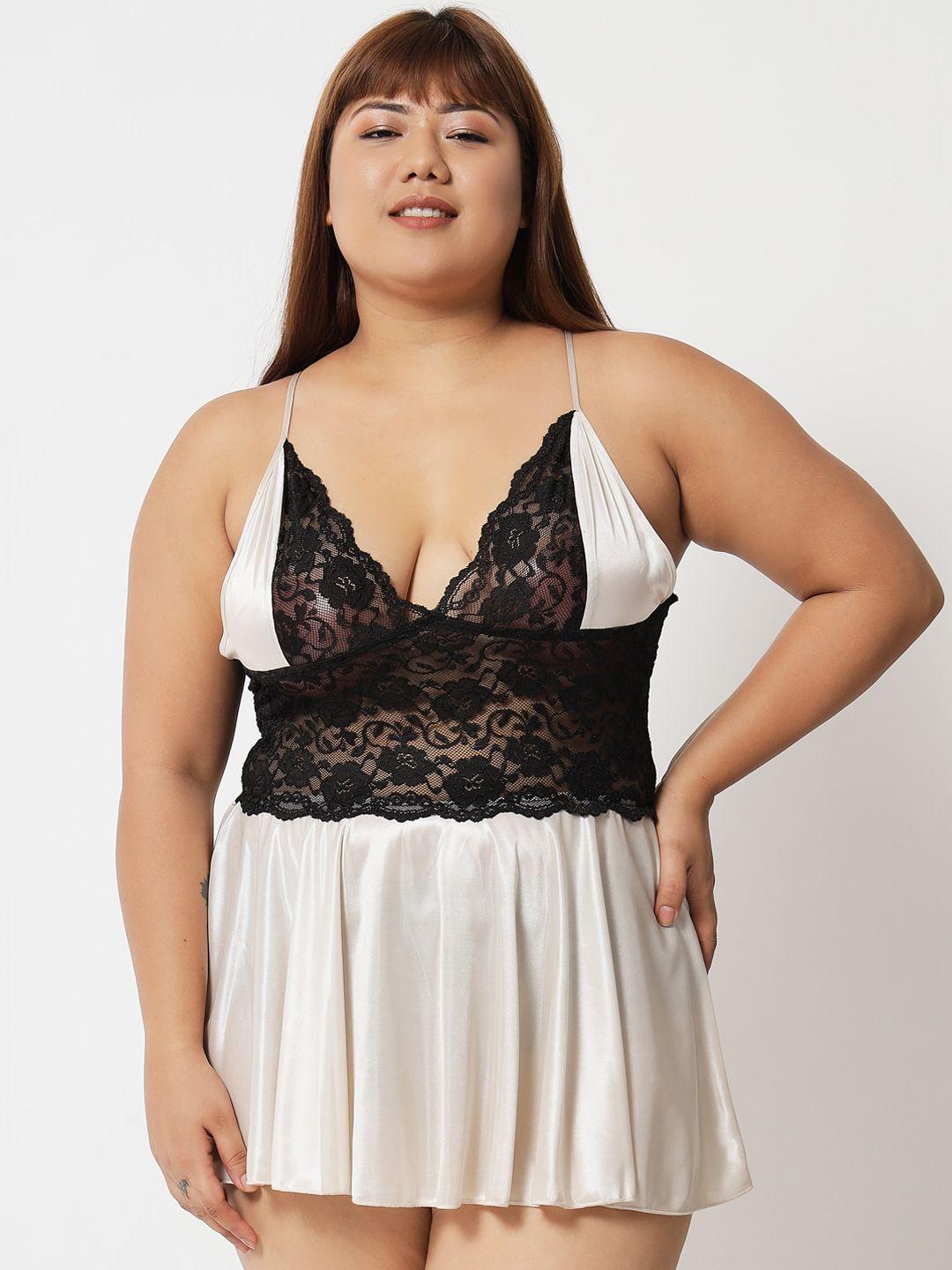 klamotten plus size beige & black satin baby doll 07ac_klm