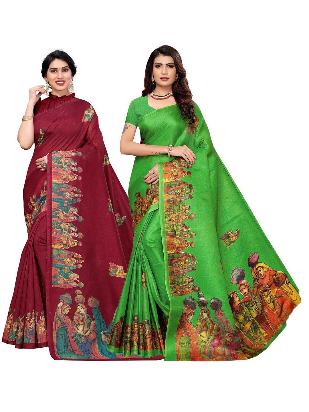 aadvika pack of 2 maroon & green ethnic motifs art silk mysore silk saree