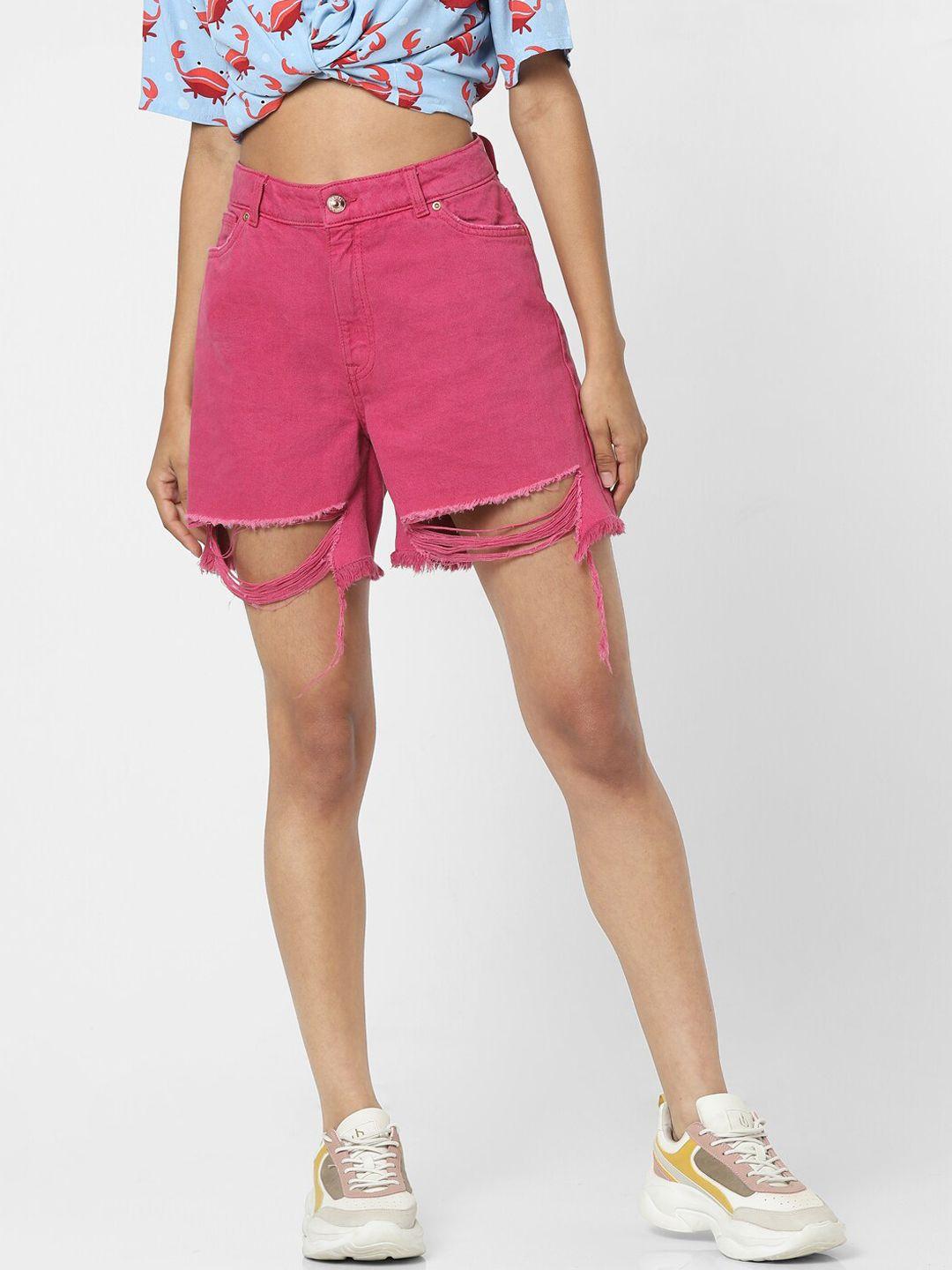 only women pink ripped high-rise shorts