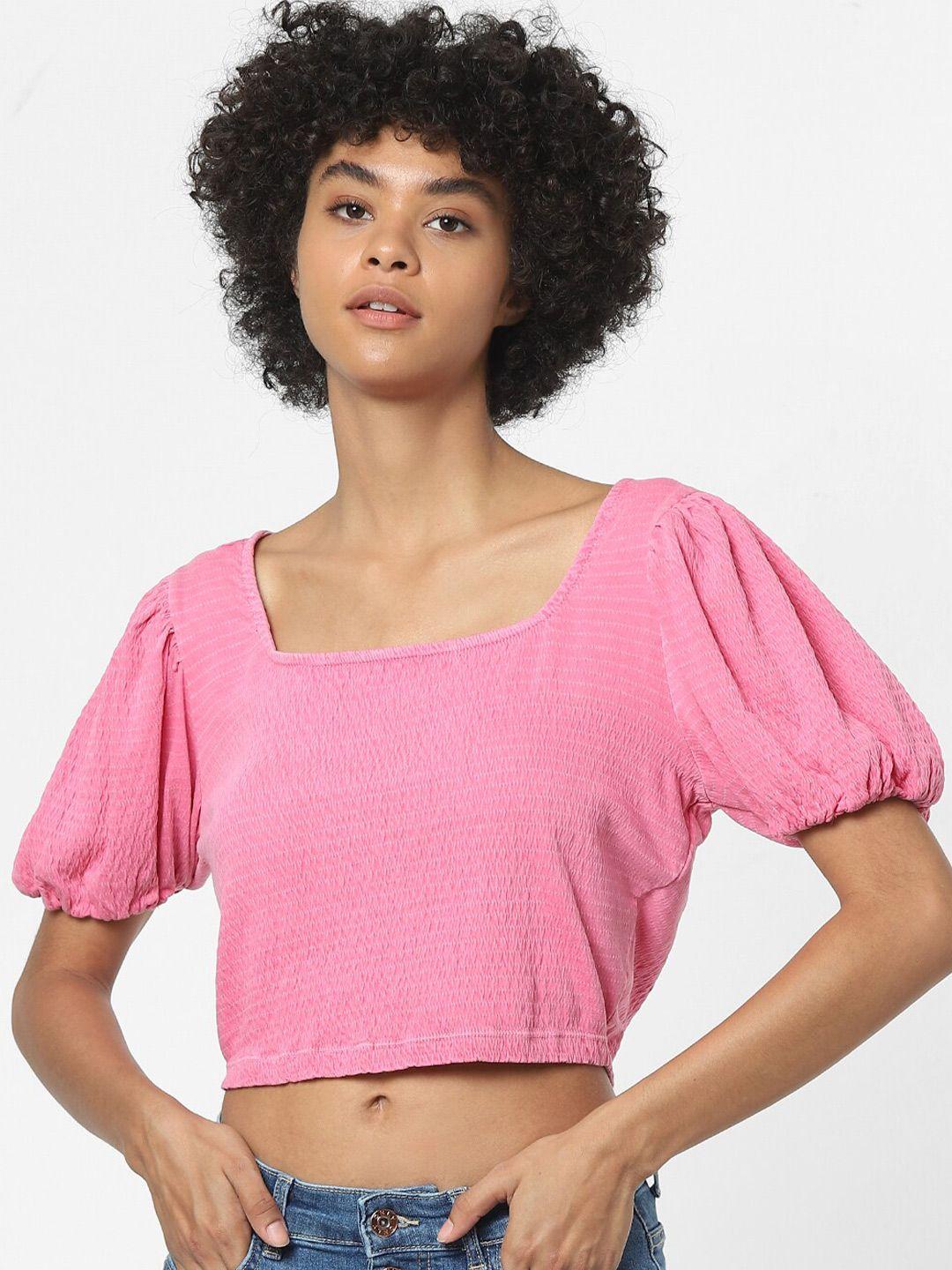 only women pink puff sleeves crop top