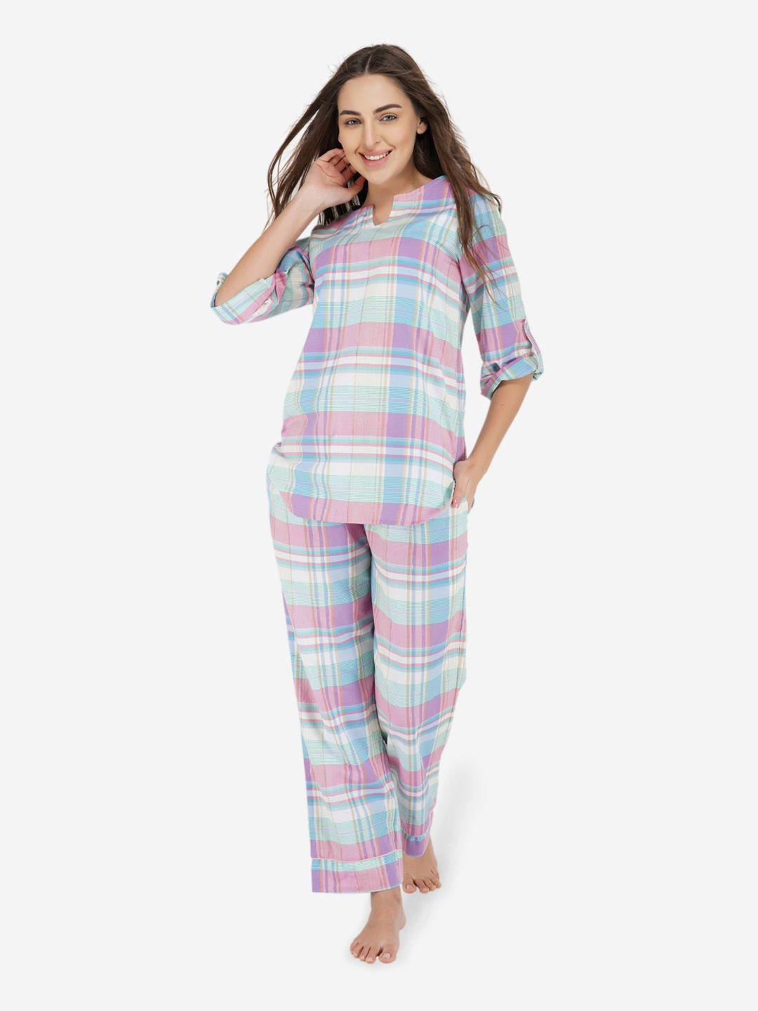 artemis women blue & pink checked night suit